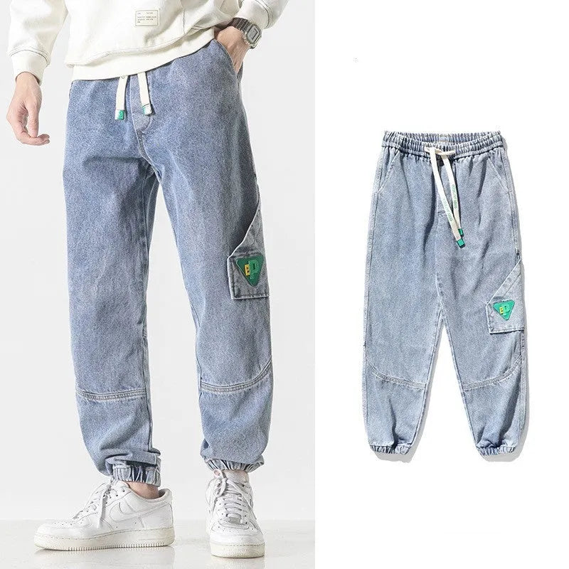 Men's loose-fit tapered cotton trousers in black, blue, or grey colours