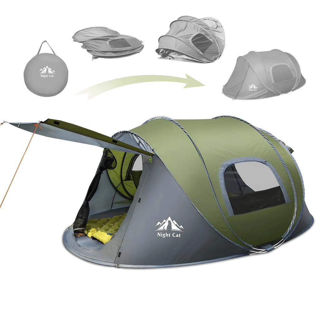 Dark green automatic two-person camping tent showing dimensions and waterproof features