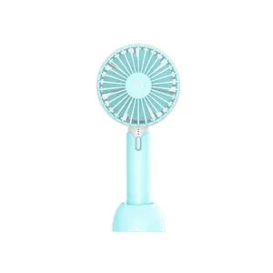 Blue mini silent USB handheld fan with oscillation, shown on a desktop.