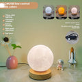 Rotating moon night lamp with wooden base showing wireless control and three colour settings