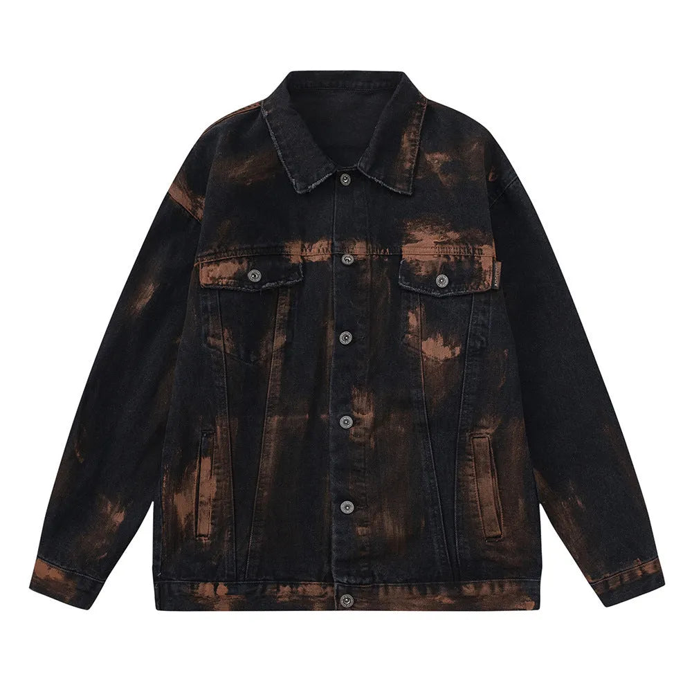 Black cotton denim jacket for men with fashion holes in street style