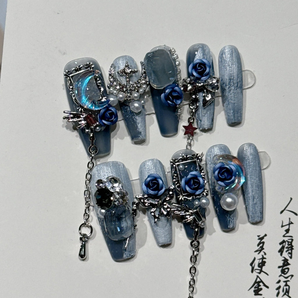 Heavy industry night blue false nails with rose and floral patterns in plastic armour suit