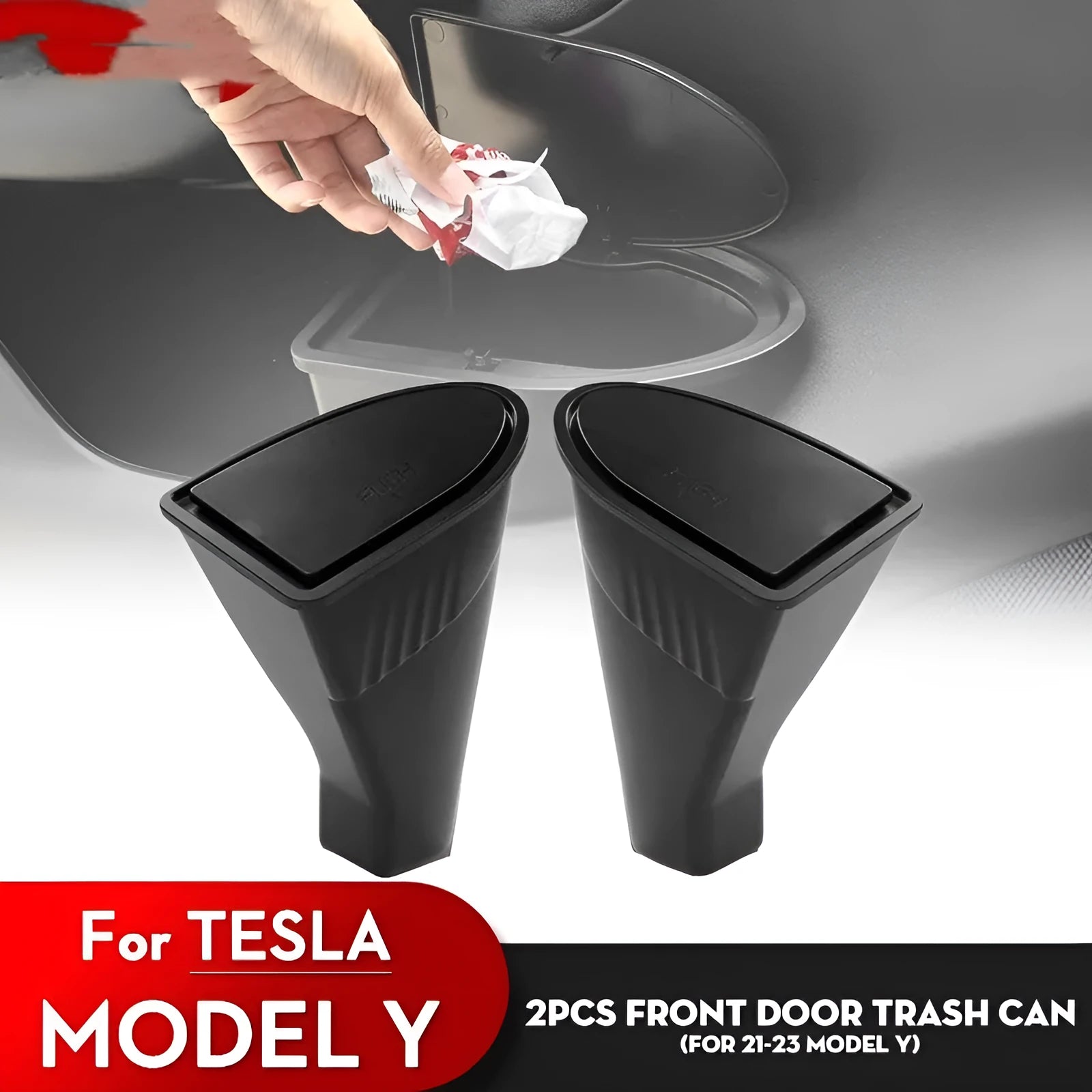 Two black ABS plastic car door trash cans designed for Tesla Model Y front door pockets.
