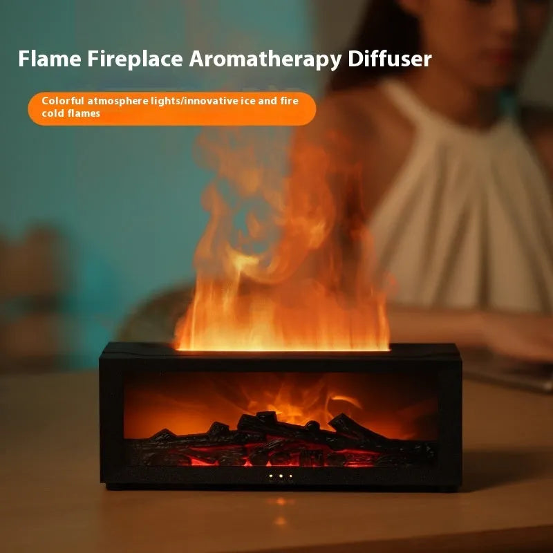 Square desktop flame effect essential oil diffuser humidifier with coloured LED base and remote control.