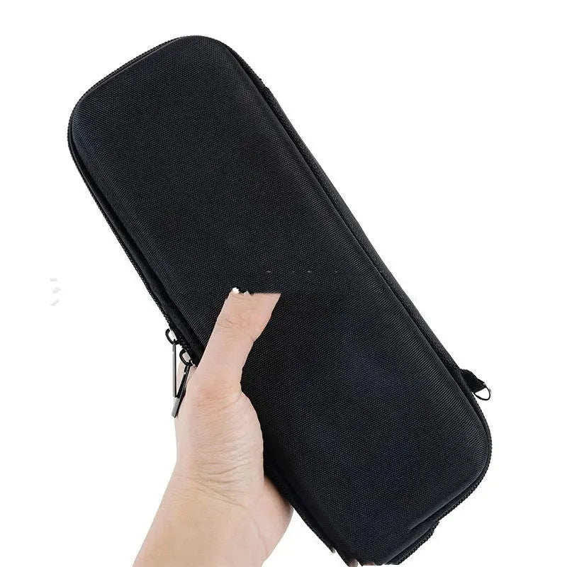 Black EVA Bluetooth speaker storage case with climbing carabiner, grey inner lining, size 280x100x90mm