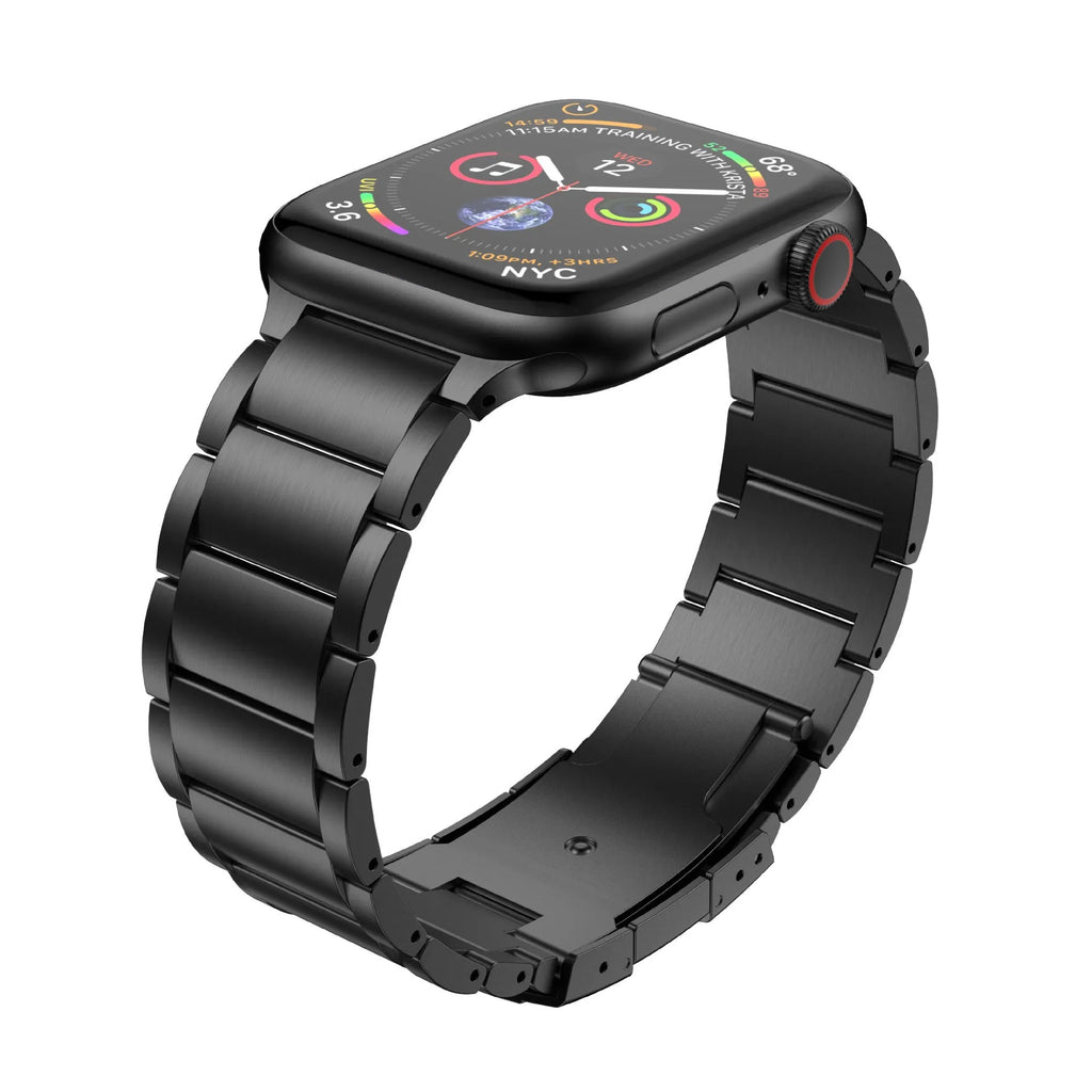 Titanium Apple Watch replacement strap with folding buckle in black and silver options