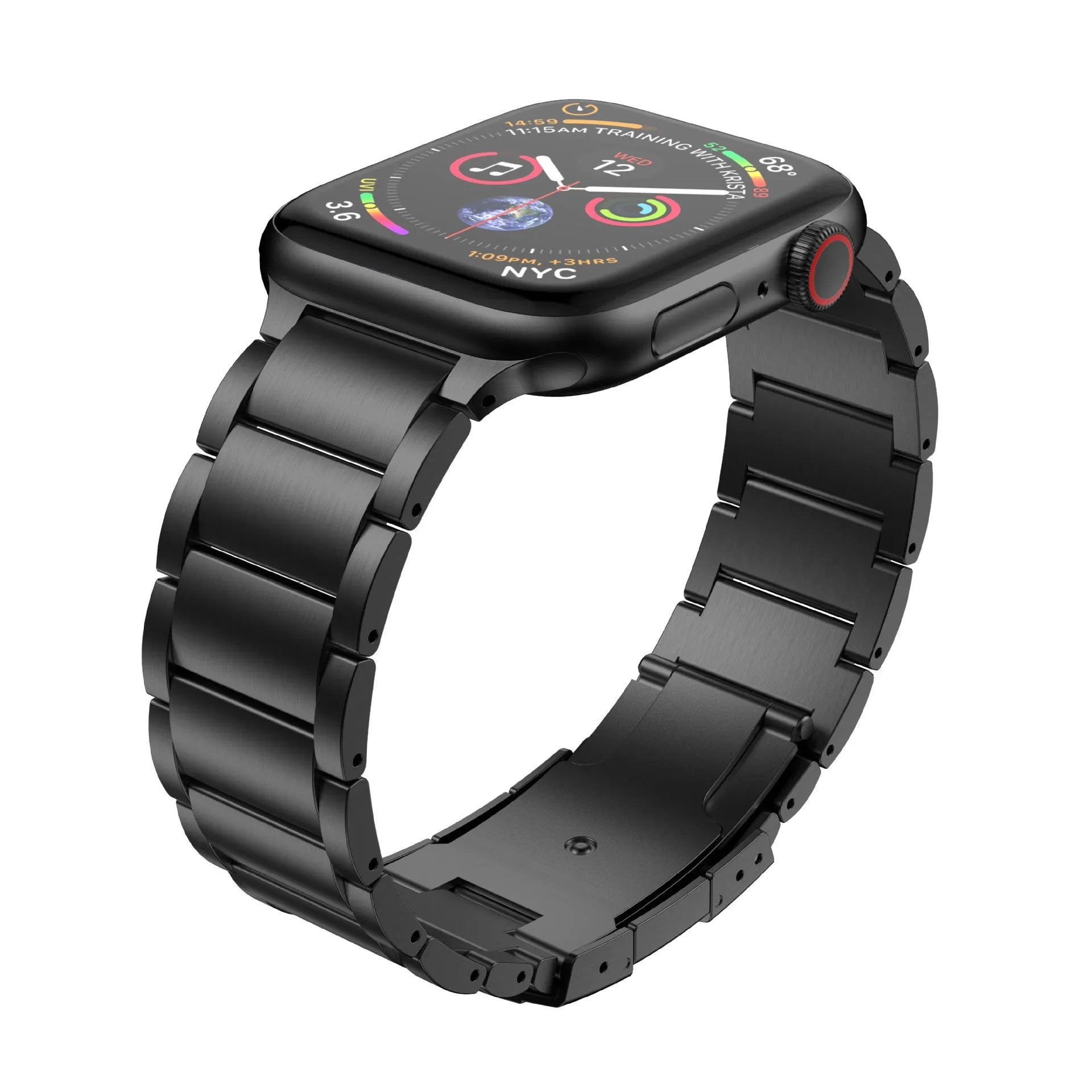Titanium Apple Watch replacement strap with folding buckle in black and silver options