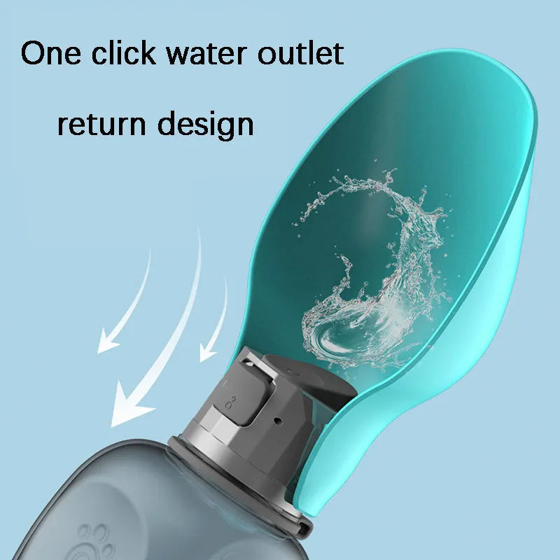 Blue-grey foldable dog water bottle with drinking trough open, showing wrist strap and lock key.