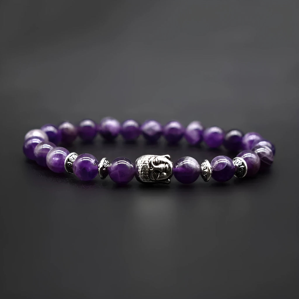 Handcrafted unisex bracelet with a 19mm Buddha head bead in amethyst, tiger eye, or other colour options.