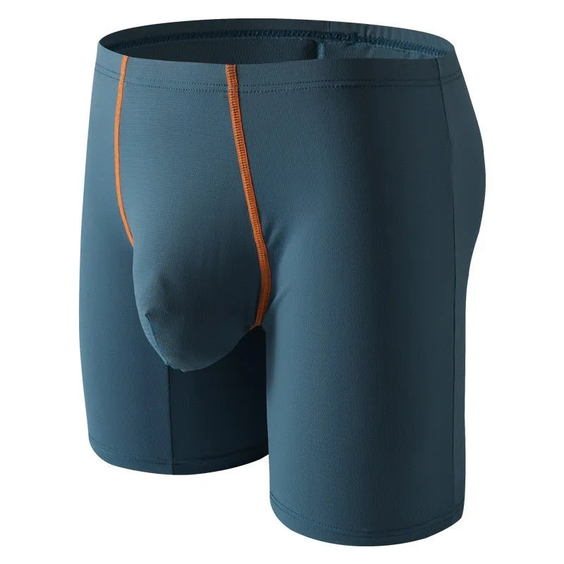 Men's mid-waist ice silk boxer underwear in black colour showing U-convex body shaping design