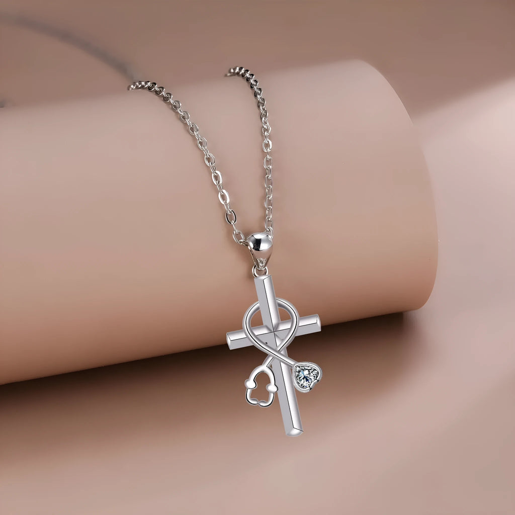 Women's cross stethoscope necklace with electroplated copper pendant and cross chain design