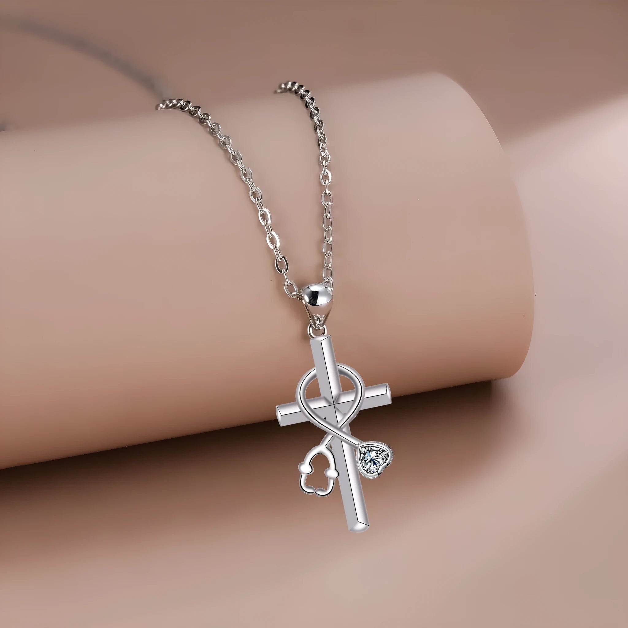 Women's cross stethoscope necklace with electroplated copper pendant and cross chain design