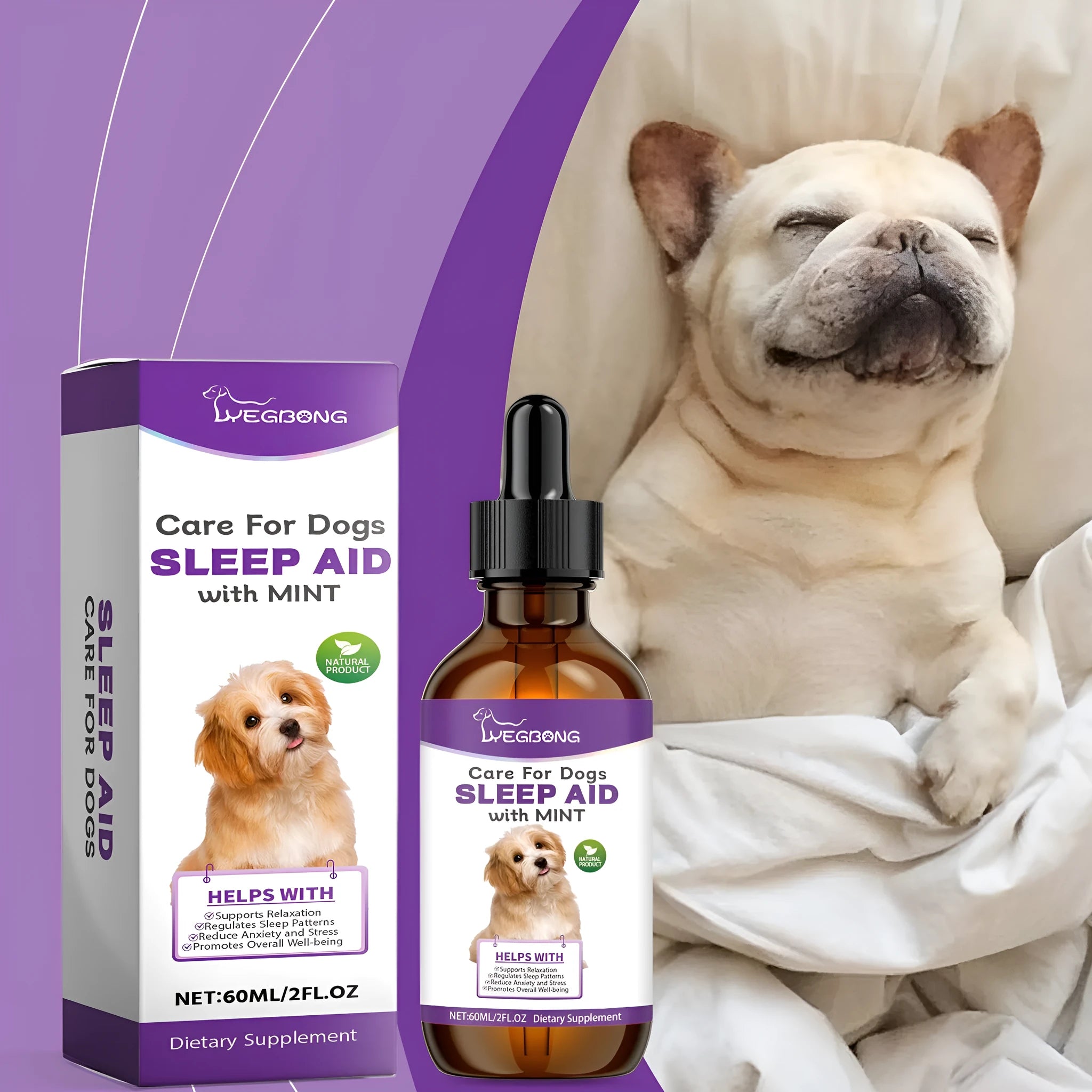 60ml bottle of dog sleep drops calming liquid with mint extract for night-time pet anxiety