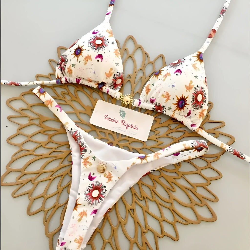 Split bikini set in high-waist Brazilian style, nylon and polyester, available in multiple colours and sizes S M L