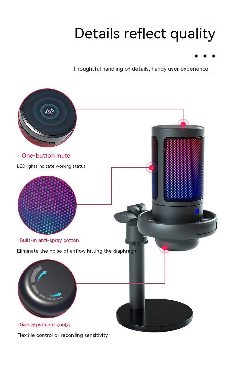USB condenser microphone with RGB lighting for live broadcast in black, white or pink