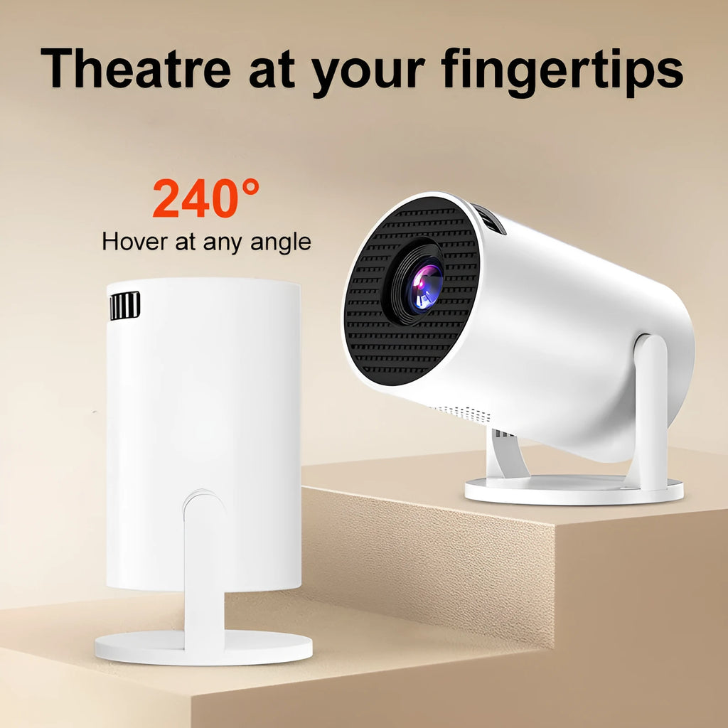 White portable wireless projector with HD 1080p resolution and same-screen mirroring capability