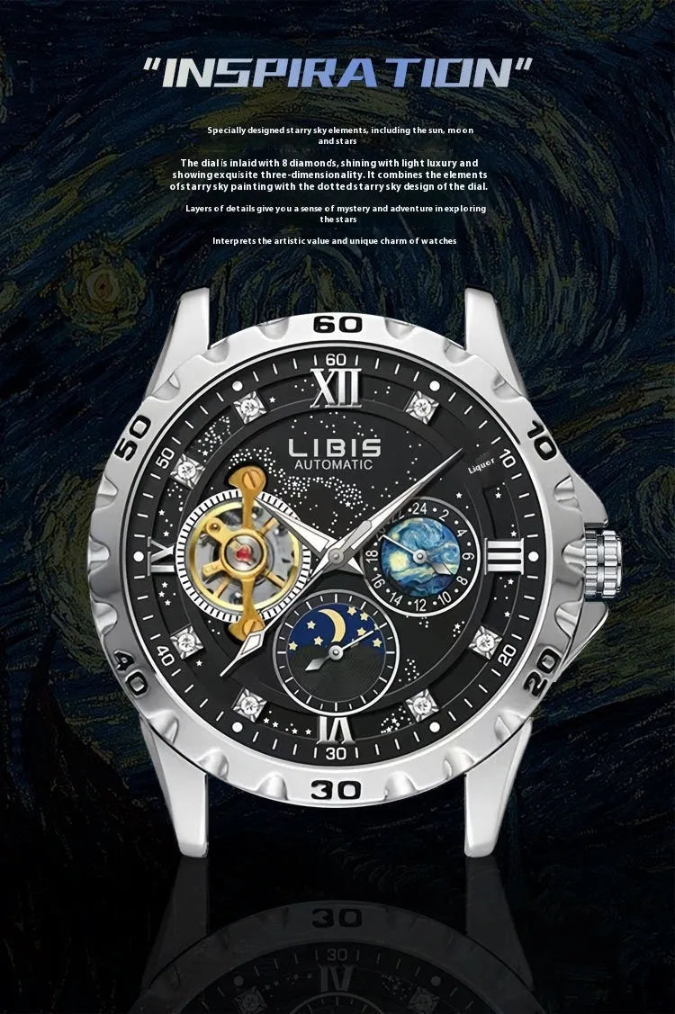 Men's silver stainless steel automatic watch with black starry dial and luminous hands on a genuine leather strap.