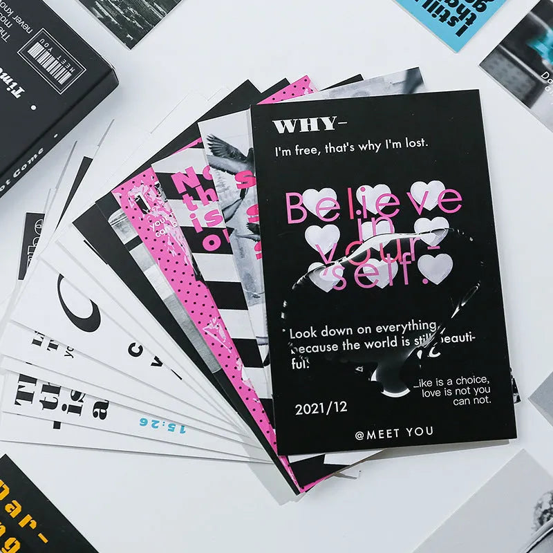 Two postcard designs showing the messages 'Time Not Arrived' and 'Warm Wind Not Exhausted' in a fresh style.