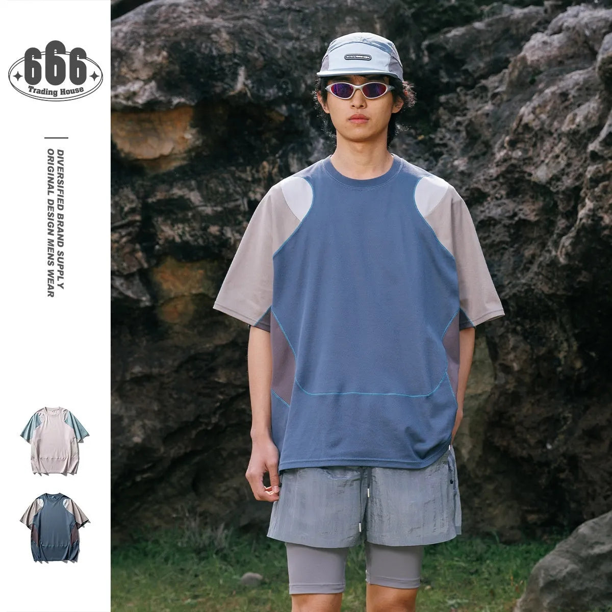 Men's loose fit patchwork T-shirt in cotton blend fabric with raglan sleeves and contrast colour design