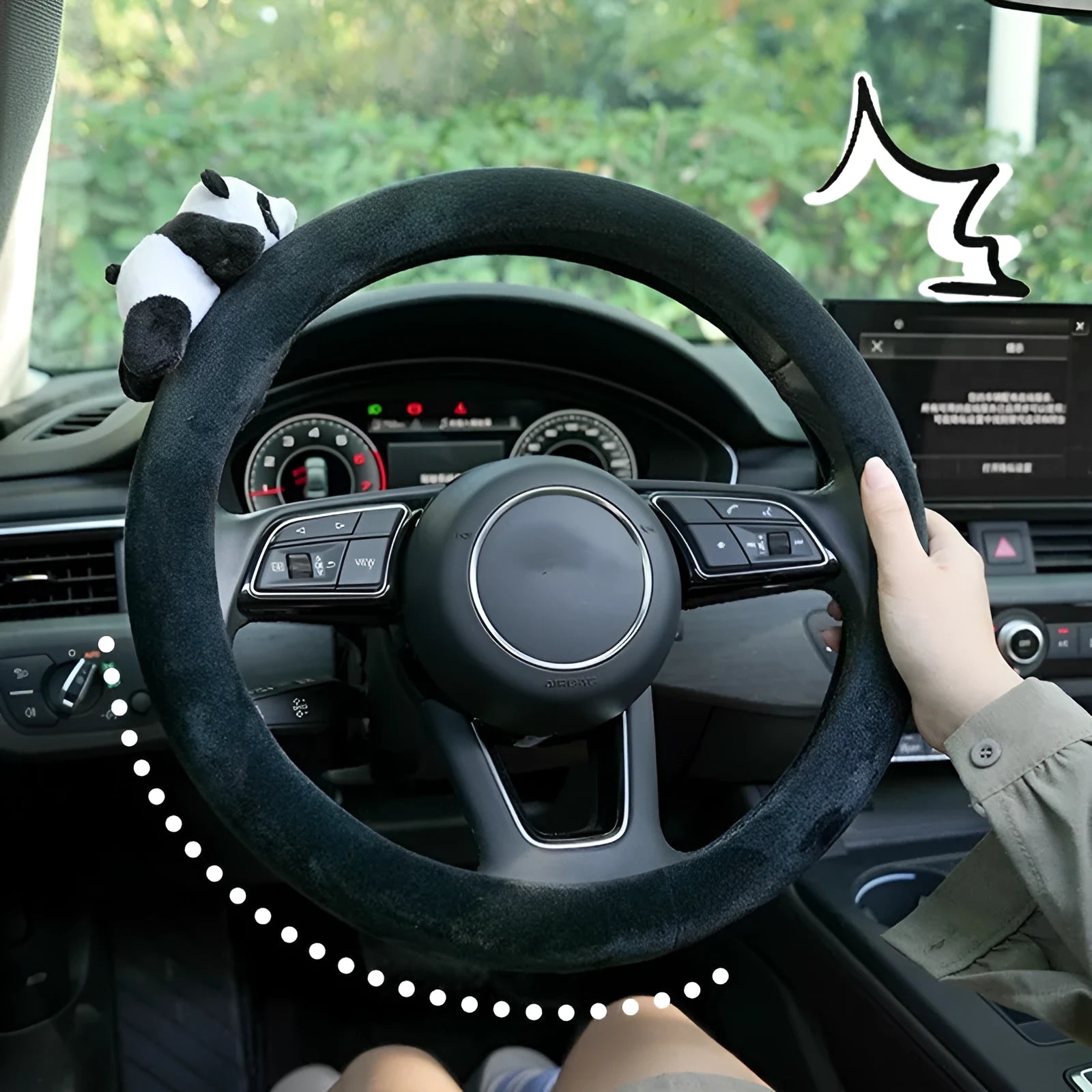 Panda themed plush black steering wheel cover and matching shoulder pad set for car interior