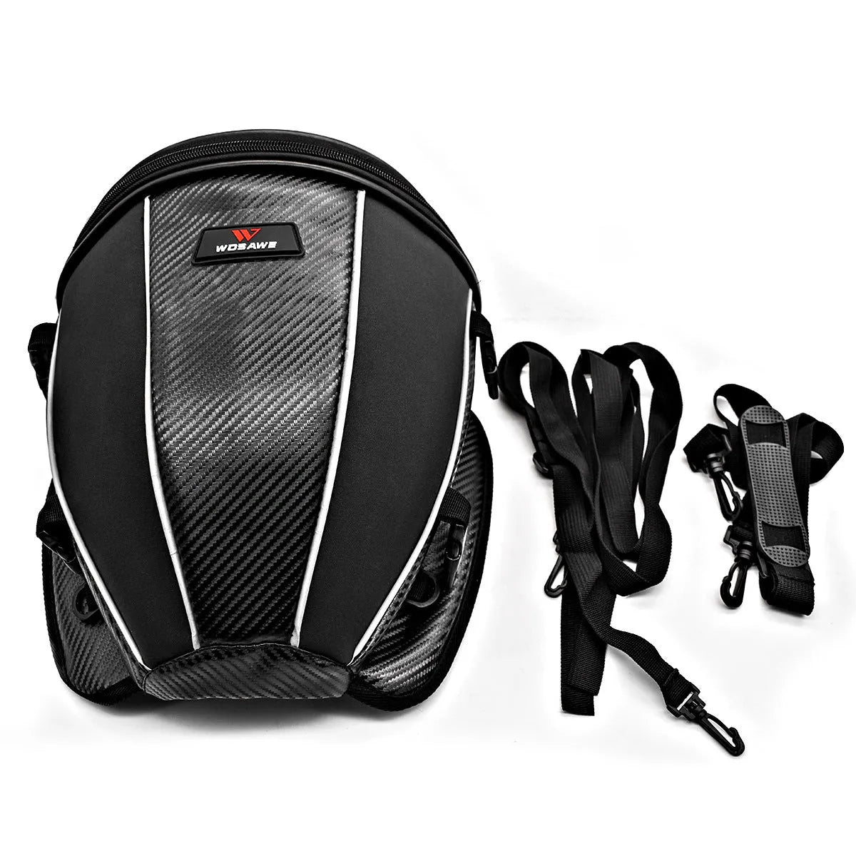 Black waterproof motorcycle seat bag with reflective strips, measuring 30x28x21cm with convertible crossbody strap