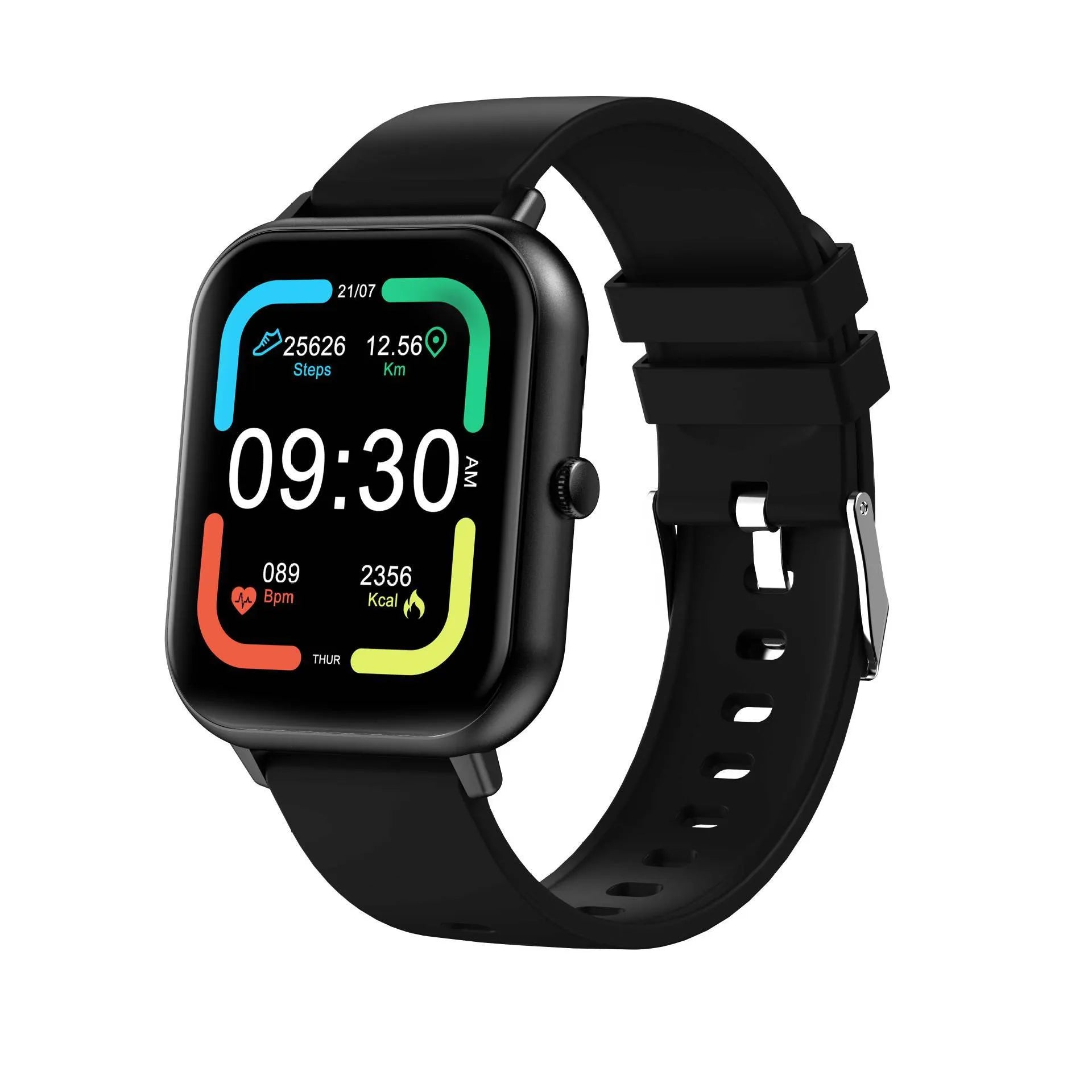 Bluetooth smart watch with touch screen showing heart rate monitor, in black, silver grey, pink, or khaki.