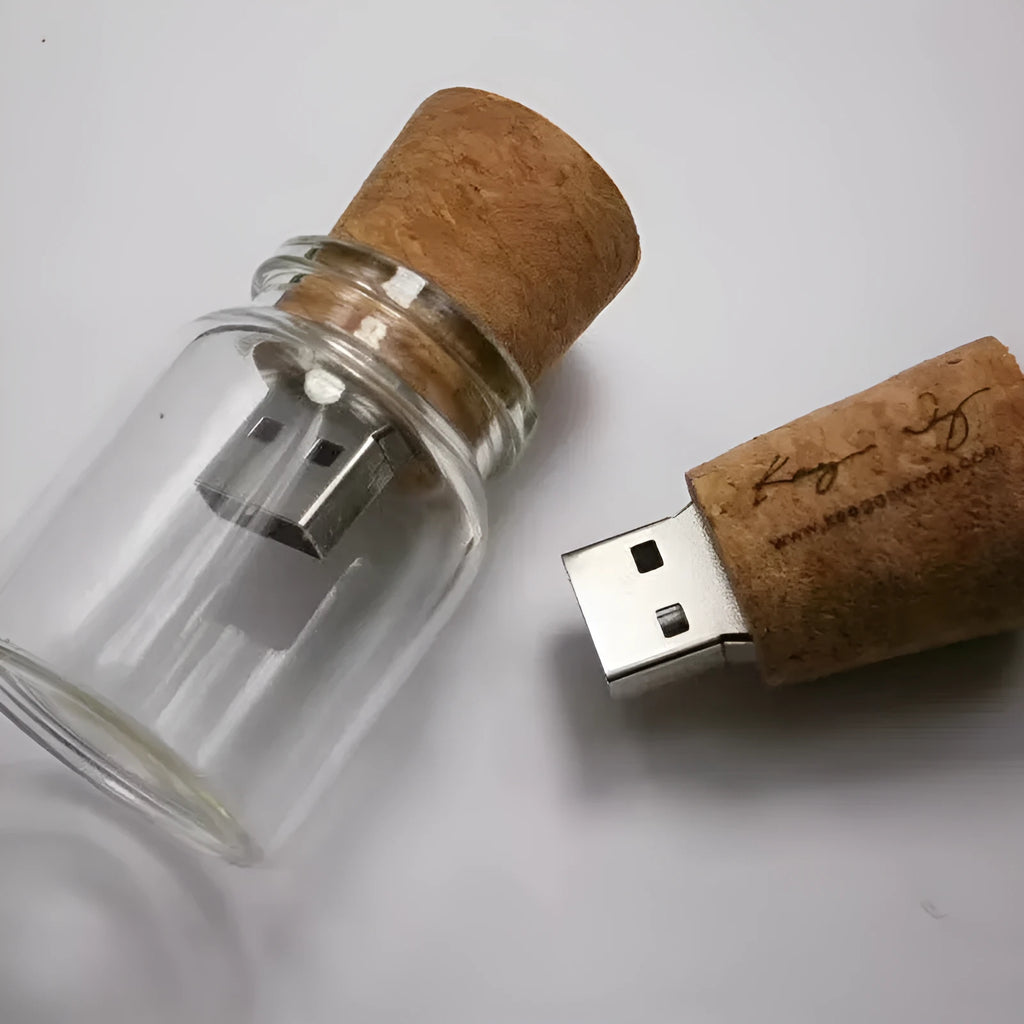 Transparent wooden drift bottle shaped USB flash drive showing six capacity options.