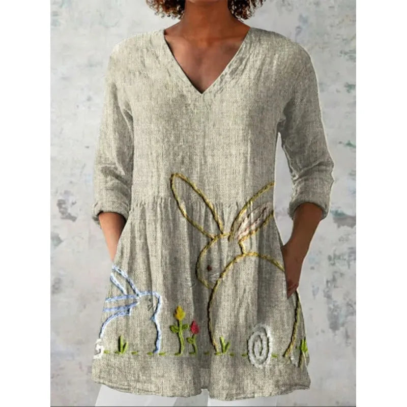 Women's printed wave pattern loose dress with 3/4 sleeves and wide waist