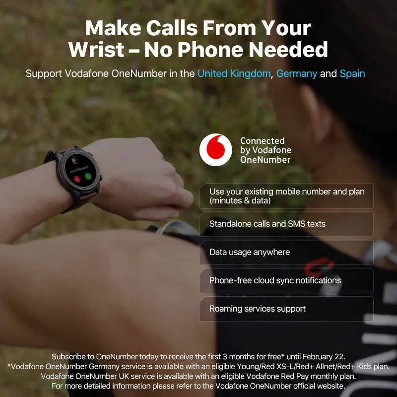 Ticwatch Pro X 47mm smartwatch with round display showing fitness metrics and call interface