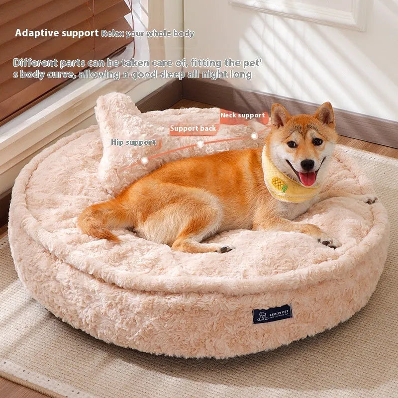 Round nest pet bed with a removable cover in a milk tea colour on a wooden floor