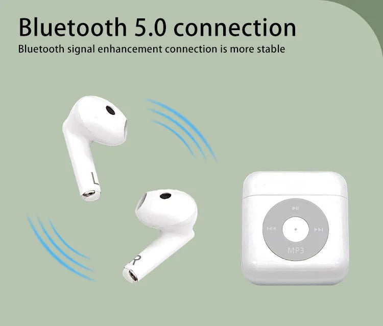 White wireless Bluetooth semi-in-ear earphones with a charging case on a white background.