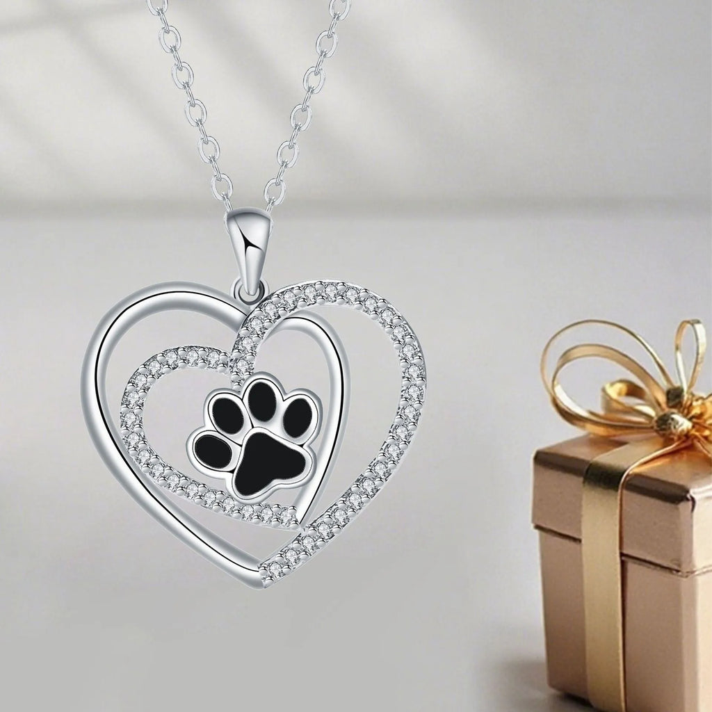 Women's dog paw print heart necklace on a cross chain, electroplated copper pendant.