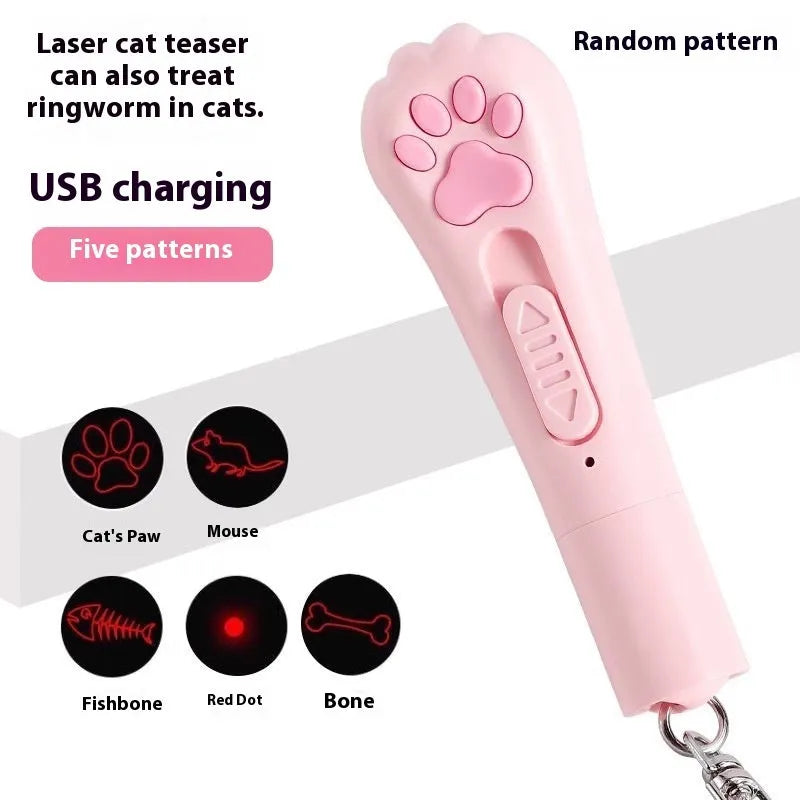 Cat pen light charging toy with LED lights in pink, cream, and sky blue colour options