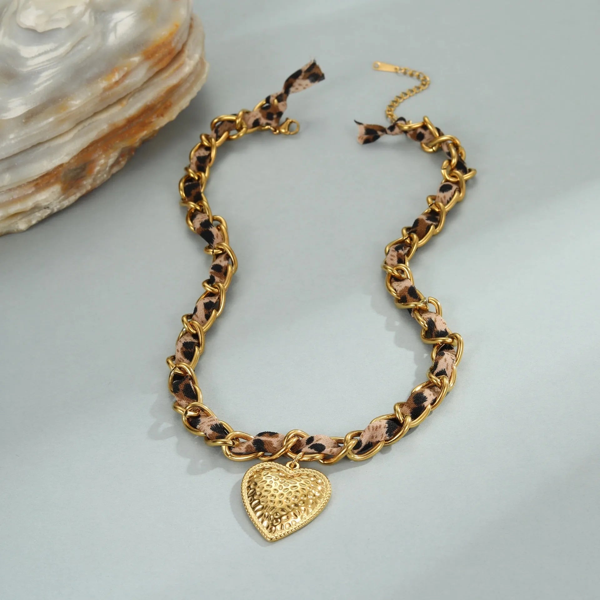 Women's stainless steel necklace with leopard love pendant on adjustable 41-50cm chain