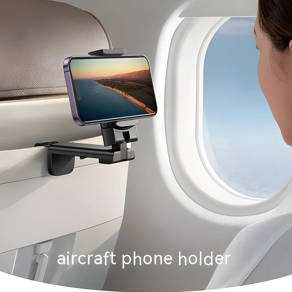Foldable rotating phone holder in black, shown in use with a mobile phone on a desk