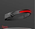 Black silicone USB rechargeable headlamp with wide LED beam, shown with adjustable strap and side wave sensor.