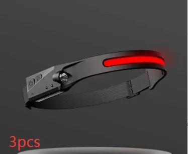 Black silicone USB rechargeable headlamp with wide LED beam, shown with adjustable strap and side wave sensor.