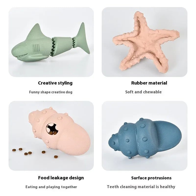 Deep sea shark design rubber dog toy shown in conch blue, conch green, starfish blue, and starfish green colour variations.