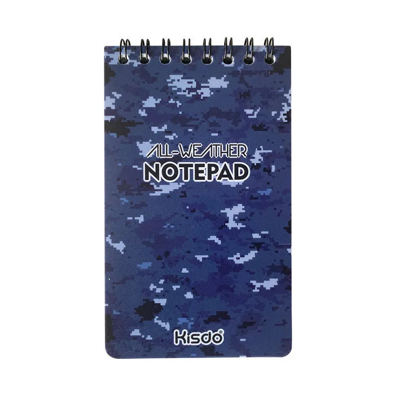 A5 spiral-bound waterproof notepad in camouflage colour, showing PP cover and stone paper pages.