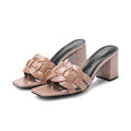 Woven chunky heel slippers with patent leather upper and sheepskin lining in multiple colour options