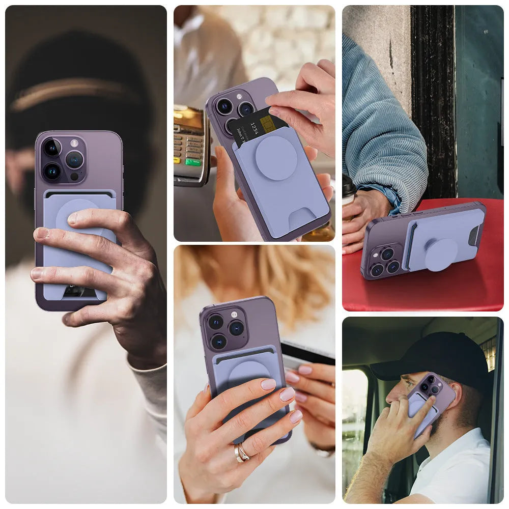 Magnetic suction phone airbag holder for Apple iPhones in five colour options on office desk