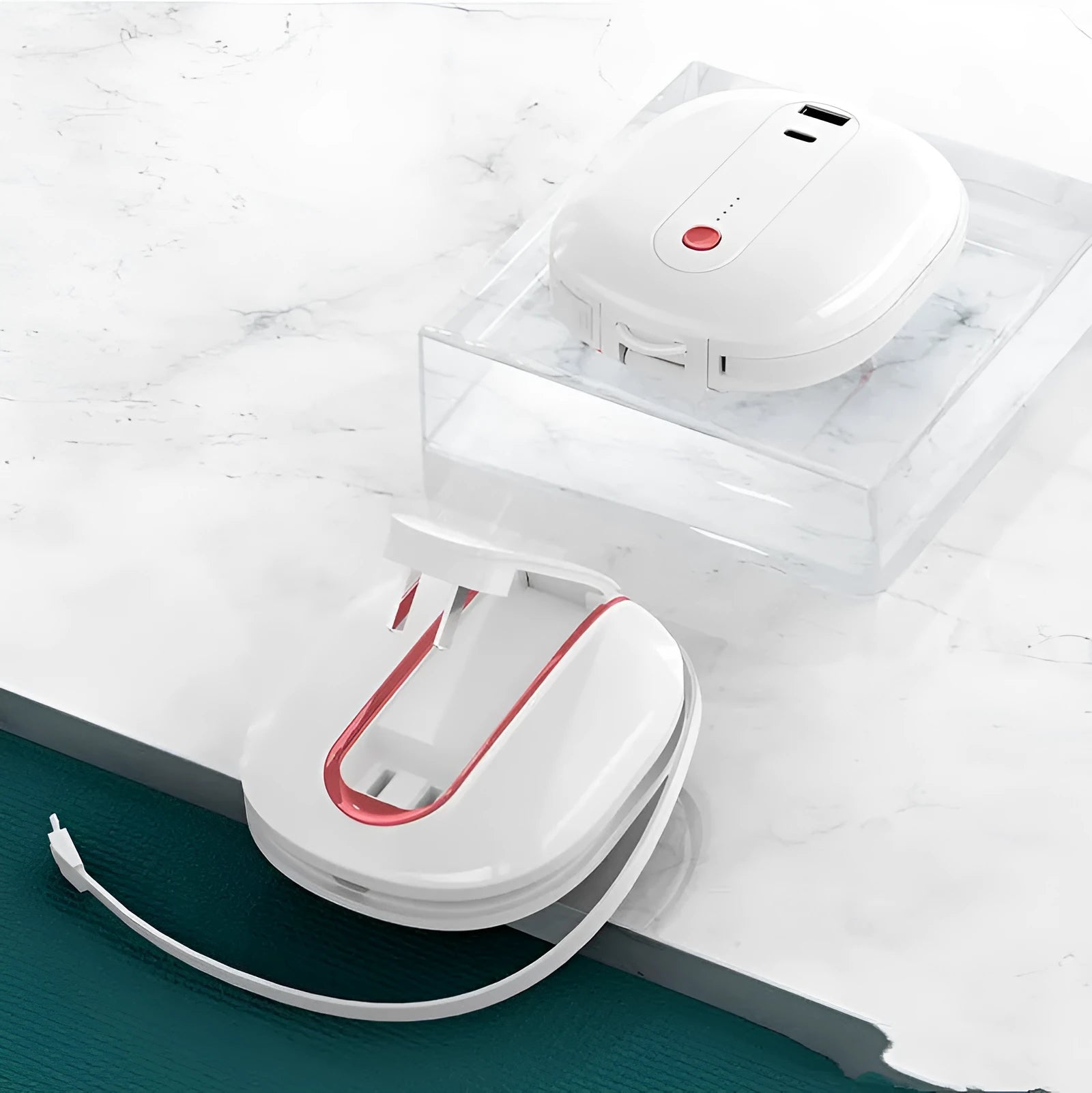 White and black power bank with built-in wall plug showing 10000mAh capacity and aluminium shell construction