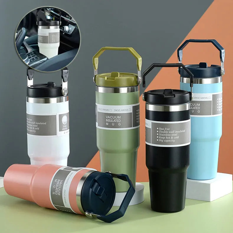 30oz stainless steel insulated travel tumbler with handle and cover in assorted colours.
