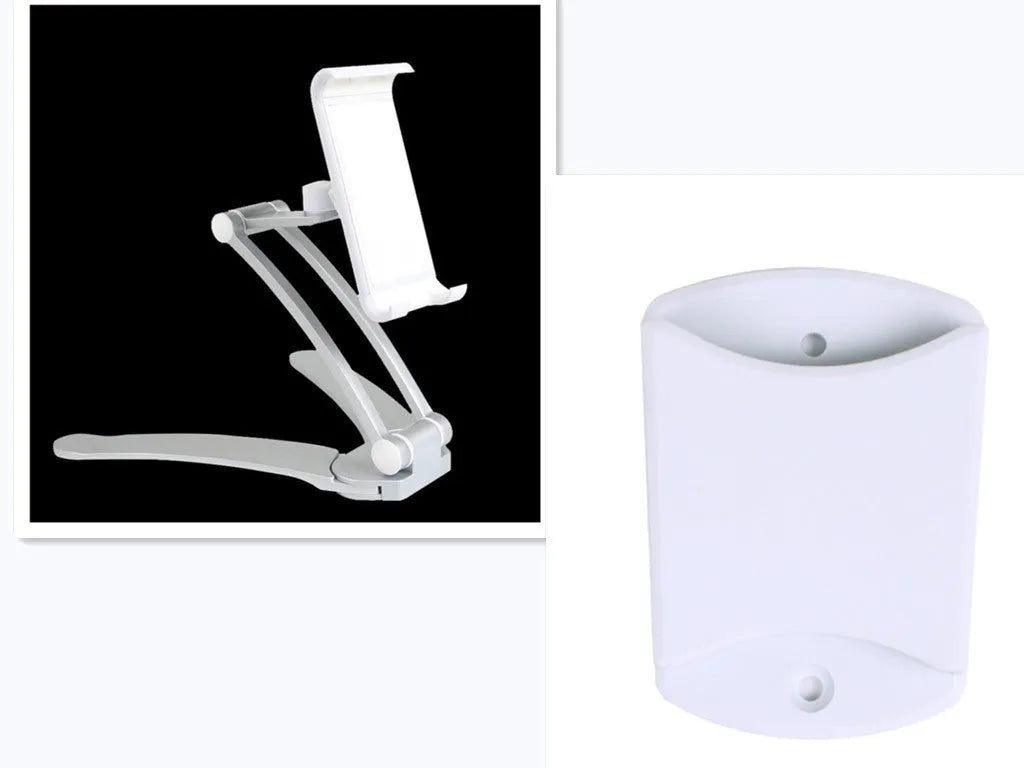 Silver and black aluminium alloy desktop tablet stand with adjustable arm and dual clamps.