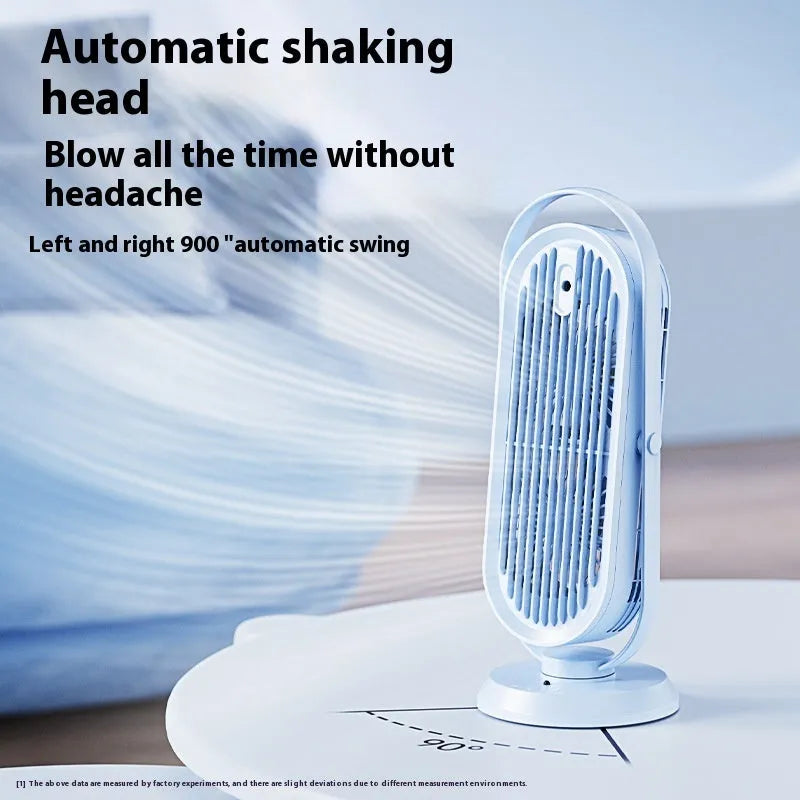 White USB tower fan with humidifier and remote control on a desk