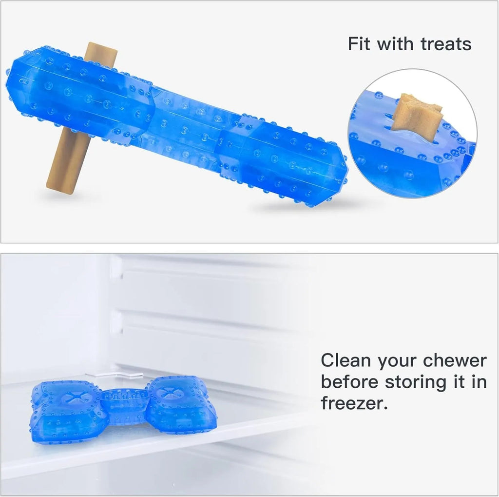 Freezable plastic bone and circle shaped dog chew toys for teething puppies.