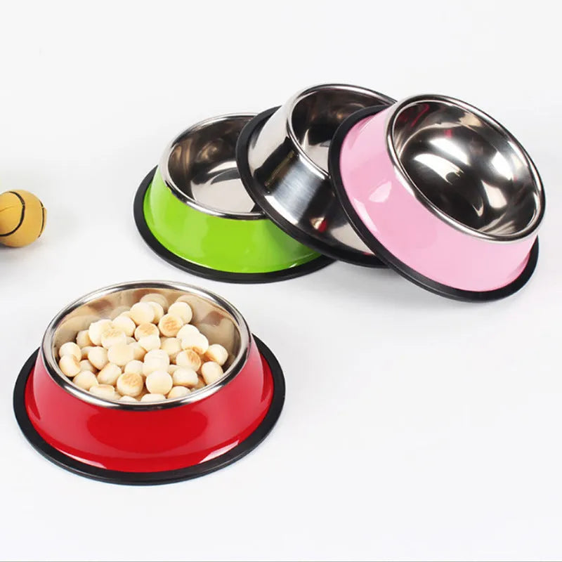 Stainless steel and colourful melamine pet bowl with non-slip rubber ring base in pink, green, red, blue, orange, yellow.