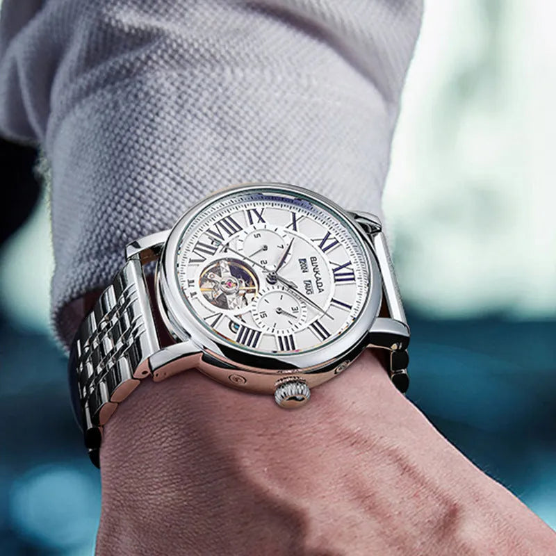 Men's automatic watch with steel bracelet showing 15mm thickness and business style dial