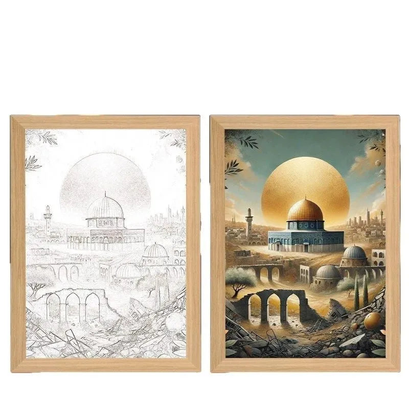 Modern rectangle light painting photo frame with illuminated religious nature artwork on man-made board