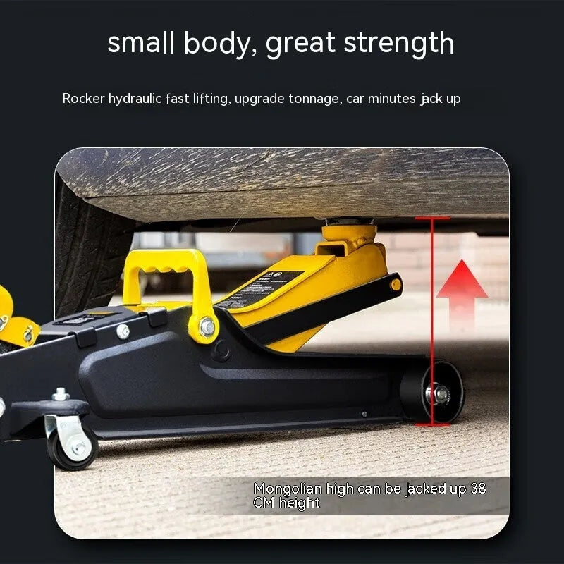 Hydraulic low-profile car jack with built-in handle for tyre changes